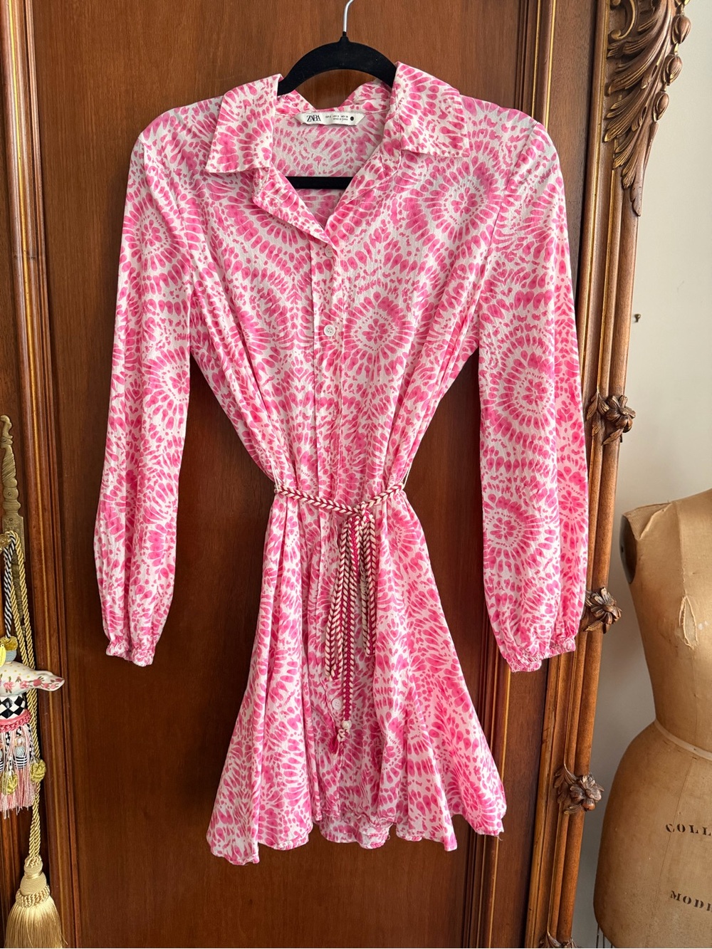 Zara Pink White Tie-Dye Shirt Dress with Waist Tie